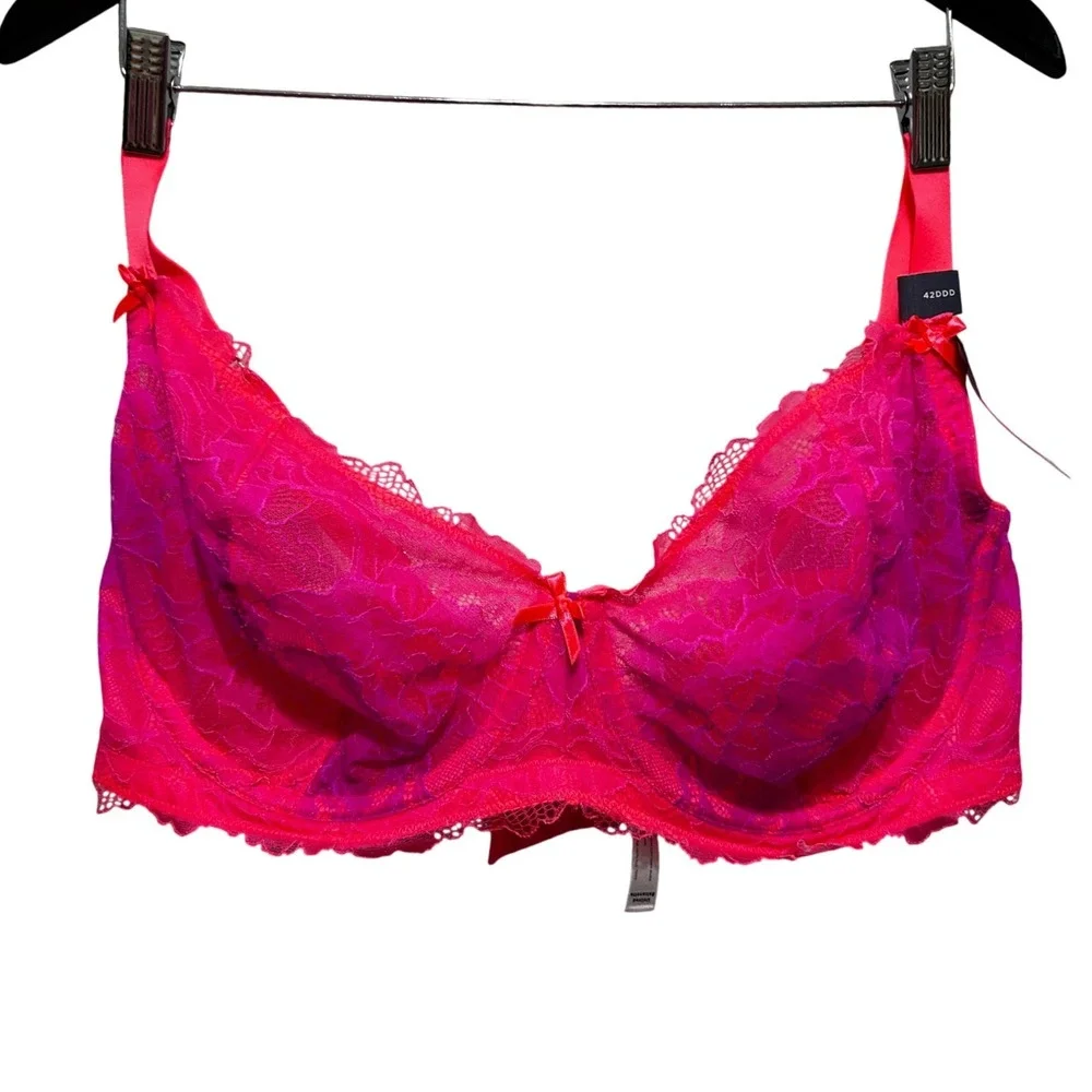 Cacique Unlined Balconette Bra 42DDD Neon Pink Lace Sheer Underwire Lingerie New